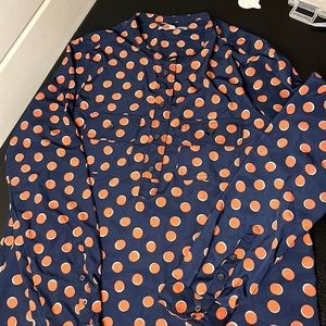 Gap Navy & Orange long sleeve dress - buttons, polka dots, casual, fall, blue